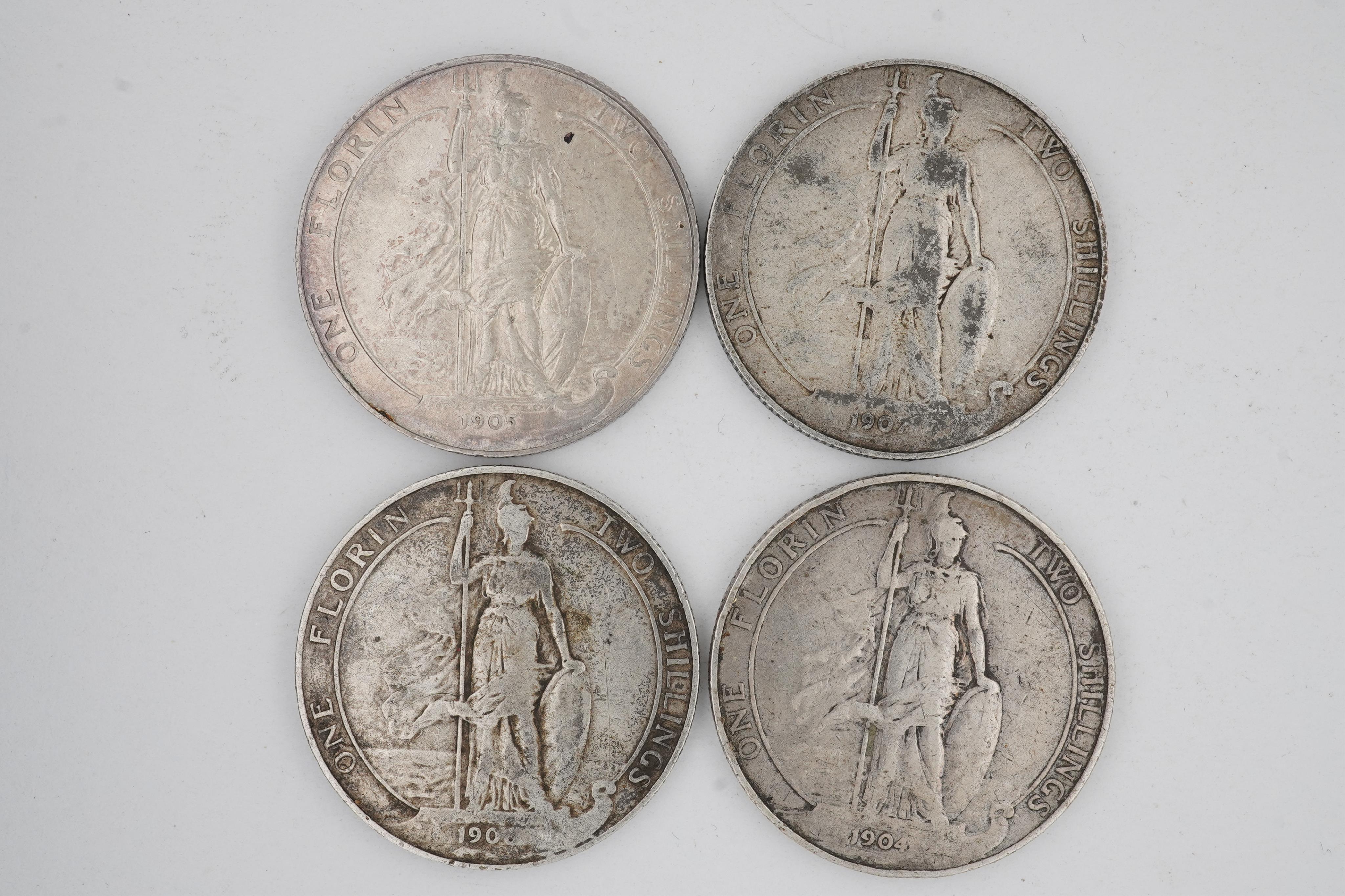 British coins, Edward VII, florin, 1905, VF, together with three other florins, 1904, 1907 and date 1906 (4)